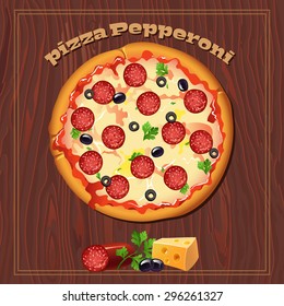 Yummy pizza pepperoni on the wood background with ingredients.