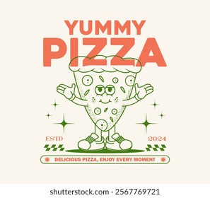 Yummy Pizza Vintage Cartoon Character Design, vector illustration for t-shirts, merchandise, stickers, and more