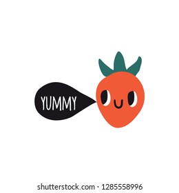 Yummy. Print with strawberry. Cute cartoon smile berry characters.  Colorful design for cards, banners, printed materials. Cute doodle style emoticons.