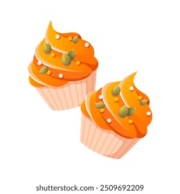 Yummy pumpkin cupcakes with buttercream frosting and decor isolated on white background.