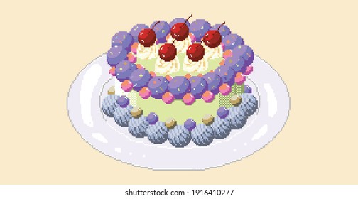 Yummy Purple and Green Vintage Style Birthday Cake Korean Trendy Version with Cherries and Whipped Cream On Top