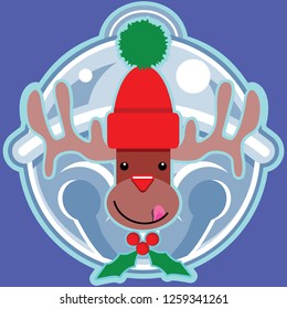 Yummy Reindeer face with red stocking cap and jingle bell background