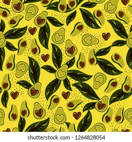 Yummy seamless pattern with avocado, leaf and brown hearts. Fresh background with fruits. 