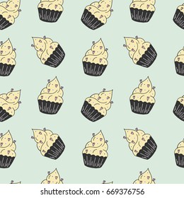 Yummy seamless pattern with sweet hand drawn color cupcake. Beautiful design elements for pastry shops, coffee houses, cafes
