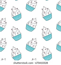 Yummy seamless pattern with sweet hand drawn color cupcake. Beautiful design elements for pastry shops, coffee houses, cafes
