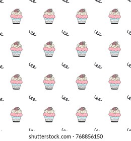 Yummy seamless pattern with sweet hand drawn color cupcake. Beautiful design elements for pastry shops, coffee houses, cafes