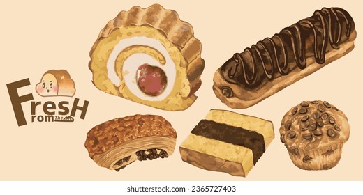 Yummy Set of sweet bread. white wheat  Bread menu deaign Rolls cake ,rollscake strawberry bread , chocolate donut  Spiku Surabayar , Roti lapis muffin choco chip , eclair
( more art Check my Inst