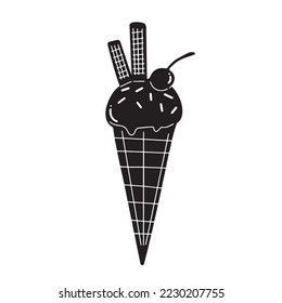 Yummy single scoop ice cream cone with wafers and cherry on top. Glyph icon silhouette with simple flat vector drawing isolated on plain white background. Cooling food for summer.