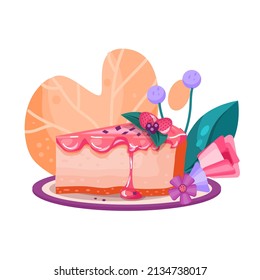 Yummy slice of cheesecake on a plate  with syrup, berries and flowers.Vector illustration. Can be used for greeting cards.