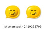 Yummy smile 3d emoticon with tongue lick mouth. Tasty food eating emoji face in 3d speech bubble. Delicious cartoon emotion with tongue. Smile face speech bubble design. Savory gourmet. Yummy vector