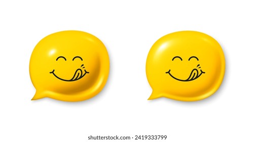 Yummy smile 3d emoticon with tongue lick mouth. Tasty food eating emoji face in 3d speech bubble. Delicious cartoon emotion with tongue. Smile face speech bubble design. Savory gourmet. Yummy vector