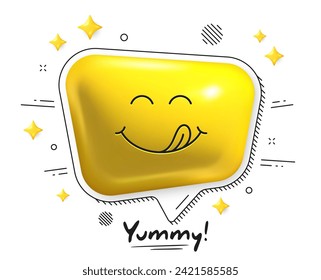 Yummy smile 3d emoticon with tongue lick mouth. Tasty food eating emoji face. Delicious cartoon emotion with tongue. Smile face speech bubble design. Savory gourmet. Yummy vector