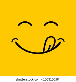 Yummy smile  cartoon line emoticon with tongue lick mouth. Delicious tasty food eating emoji face on yellow vector design background