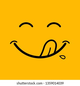 Yummy smile cartoon line emoticon with tongue lick mouth. Delicious tasty food eating emoji face on yellow vector design background