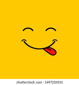 Yummy smile  cartoon line emoticon with tongue lick mouth. Delicious tasty food eating emoji face on yellow vector design background