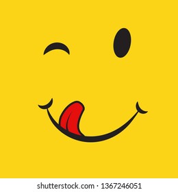 Yummy smile cartoon line emotion with tongue lick mouth. Delicious tasty food eating emoji face on yellow design background