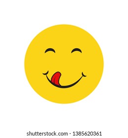 Yummy smile cartoon line emotion with tongue lick mouth. Delicious tasty food eating emoji face on yellow design background