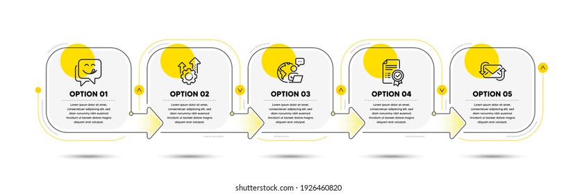 Yummy smile, Certificate and Refresh mail line icons set. Timeline process flowchart. Seo gear sign. Emoticon, Verified document, New e-mail. Cogwheel. Technology set. Vector