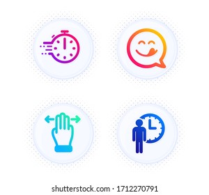 Yummy smile, Cooking timer and Multitasking gesture icons simple set. Button with halftone dots. Waiting sign. Emoticon, Stopwatch, Swipe. Service time. Technology set. Vector