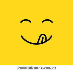 Yummy smile. Delicious, tasty eating emoji face eat with mouth and tongue gourmet enjoying taste. Funny hungry yummy tasting food mood logo line yellow vector isolated icon