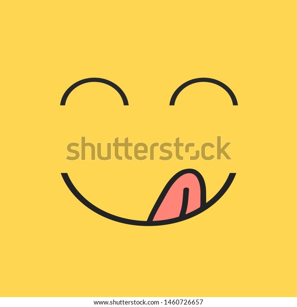 おいしい笑顔 顔文字を口で食べ 舌をグルメにして味を楽しみ 美味しく食べる絵文字 おかしなお腹が空いたおいしい食べ物のムードのロゴライン黄色いベクター画像 のベクター画像素材 ロイヤリティフリー