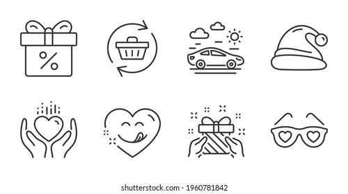 Yummy smile, Discount offer and Gift line icons set. Santa hat, Love glasses and Car travel signs. Hold heart, Refresh cart symbols. Comic heart, Gift box, Present. Holidays set. Vector