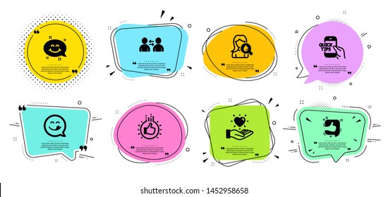 Yummy smile, Education and Like line icons set. Chat bubbles with quotes. Like hand, Hold heart and Communication signs. Smile chat, Moisturizing cream symbols. Emoticon, Quick tips. Vector