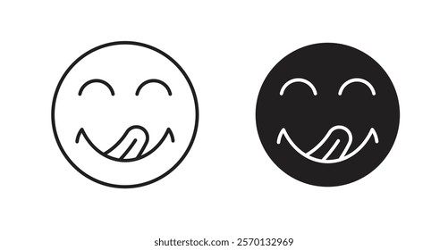 Yummy smile emoji icons in line stroke and flat versions