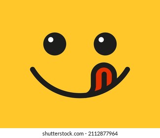 Yummy smile emoji with tongue lick mouth. Delicious tasty food symbol for social network. Yummy and hungry icon. Savory gourmet. Enjoy food sign. Vector illustration isolated on yellow background.