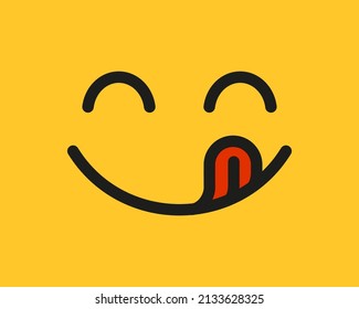 Yummy smile emoji with tongue lick mouth. Delicious tasty food symbol for social network. Yummy and hungry icon. Savory gourmet. Enjoy food sign. Vector illustration isolated on yellow background.