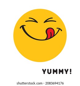 Yummy smile emoticon, happy smiling face while tasting delicious food. Cartoon style vector illustration, isolated on white.