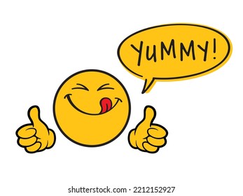 Yummy smile emoticon, happy smiling face while tasting delicious food, saying ‘yummy!’, with both thumbs up. Cartoon style vector illustration, isolated on white.