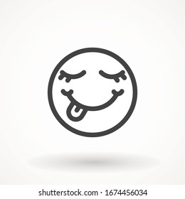 Yummy smile emoticon icon lick mouth. Editable strok Tasty food eating emoji face. Delicious cartoon on white background. Smile face line design. Savory gourmet. Yummy vector icon