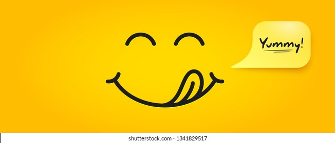 Yummy smile emoticon with tongue lick mouth. Tasty food eating emoji face. Delicious cartoon with saliva drops on yellow background. Smile face line design. Savory gourmet. Yummy vector
