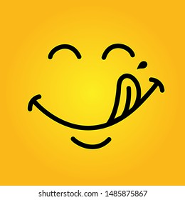 Yummy smile emoticon with tongue lick mouth. Tasty food eating emoji face. Delicious cartoon on yellow background. Smile face line design.Yummy vector