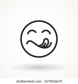 Yummy smile emoticon with tongue lick mouth icon. Tasty food eating emoji face. Delicious cartoon with saliva drops on white background. Smile face line design. Savory gourmet. Yummy vector