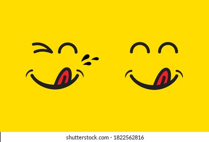 Yummy smile emoticon with tongue lick mouth. Tasty food eating emoji face