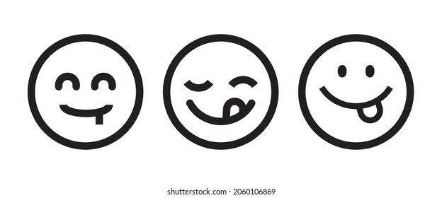 Emoticon de sonrisa deliciosa con un ícono de boca de labio de lengua. Una comida deliciosa comiendo la cara de los emojis. Deliciosa caricatura con saliva cae sobre fondo blanco. Sonreir diseño de línea facial. Sabrosa cocina gourmet. Vector Yummy