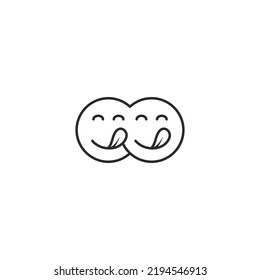 Yummy smile emoticon with tongue lick mouth icon. Tasty food eating emoji face. Delicious cartoon with saliva drops on white background. Smile face line design. Savory gourmet. Yummy vector