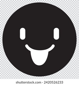 Yummy smile emoticon with tongue lick mouth icon. Tasty food eating emoji face. Delicious cartoon with saliva drops on white background. Smile face design. Savory gourmet. Yummy vector