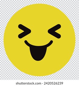 Yummy smile emoticon with tongue lick mouth icon. Tasty food eating emoji face. Delicious cartoon with saliva drops on white background. Smile face design. Savory gourmet. Yummy vector