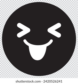 Yummy smile emoticon with tongue lick mouth icon. Tasty food eating emoji face. Delicious cartoon with saliva drops on white background. Smile face design. Savory gourmet. Yummy vector