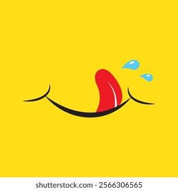 Yummy smile emoticon with tongue lick mouth. Tasty food eating emoji face. Delicious cartoon with saliva drops on yellow background. Smile face line design. Savory gourmet. Yummy vector