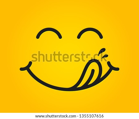 Yummy smile emoticon with tongue lick mouth. Tasty food eating emoji face. Delicious cartoon with saliva drops on yellow background. Smile face line design. Savory gourmet. Yummy vector