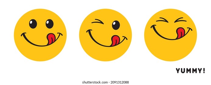Yummy smile emoticons, happy smiling faces while tasting delicious food. Cartoon style vector illustrations, isolated on white.