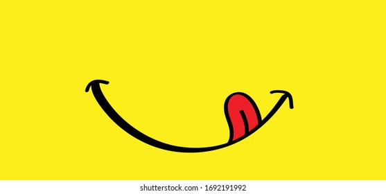 Yummy smile face with red tongue lick and saliva. Vector laugh cartoon slobber sign,  icon. Delicious, hungry, tasty eating. Lips or lips symbol. licking logo. Savour eating. Concept of enjoy everyday