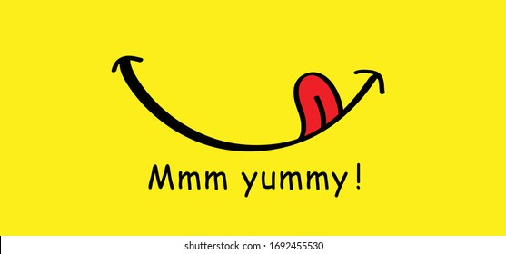 Yummy smile face with red tongue lick and saliva. Vector laugh cartoon slobber sign,  icon. Delicious, hungry, tasty eating. Lips or lips symbol. licking logo. Savour eating. Concept of enjoy everyday