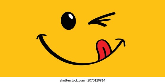 Yummy smile face with red tongue lick and saliva. Vector laugh cartoon slobber sign,  icon. Delicious, hungry, tasty eating. Lips or lips symbol. licking logo. Savour eating. World food day