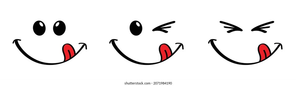 Yummy smile face with red tongue lick and saliva. Vector laugh cartoon slobber sign,  icon. Delicious, hungry, tasty eating. Lips or lips symbol. licking logo. Savour eating. Concept, eye line.