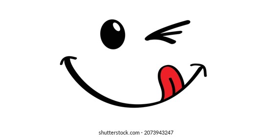 Yummy smile face with red tongue and lick. Vector laugh cartoon slobber sign or icon. Delicious, hungry, tasty eating. Lips or likking symbol or logo. Savour eating. World food day.